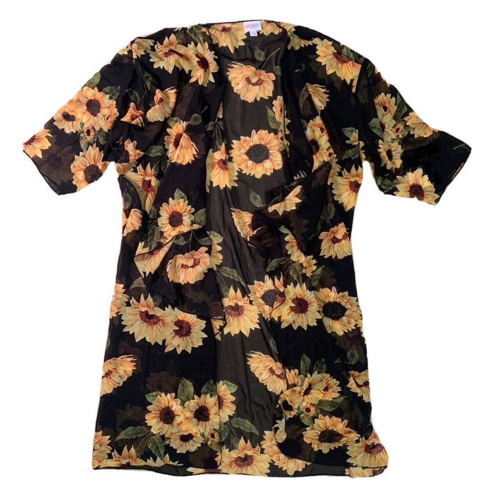 LuLaRoe Shirley Womens Kimono Size Large 18-22 Black Sunflower Sheer Chiffon